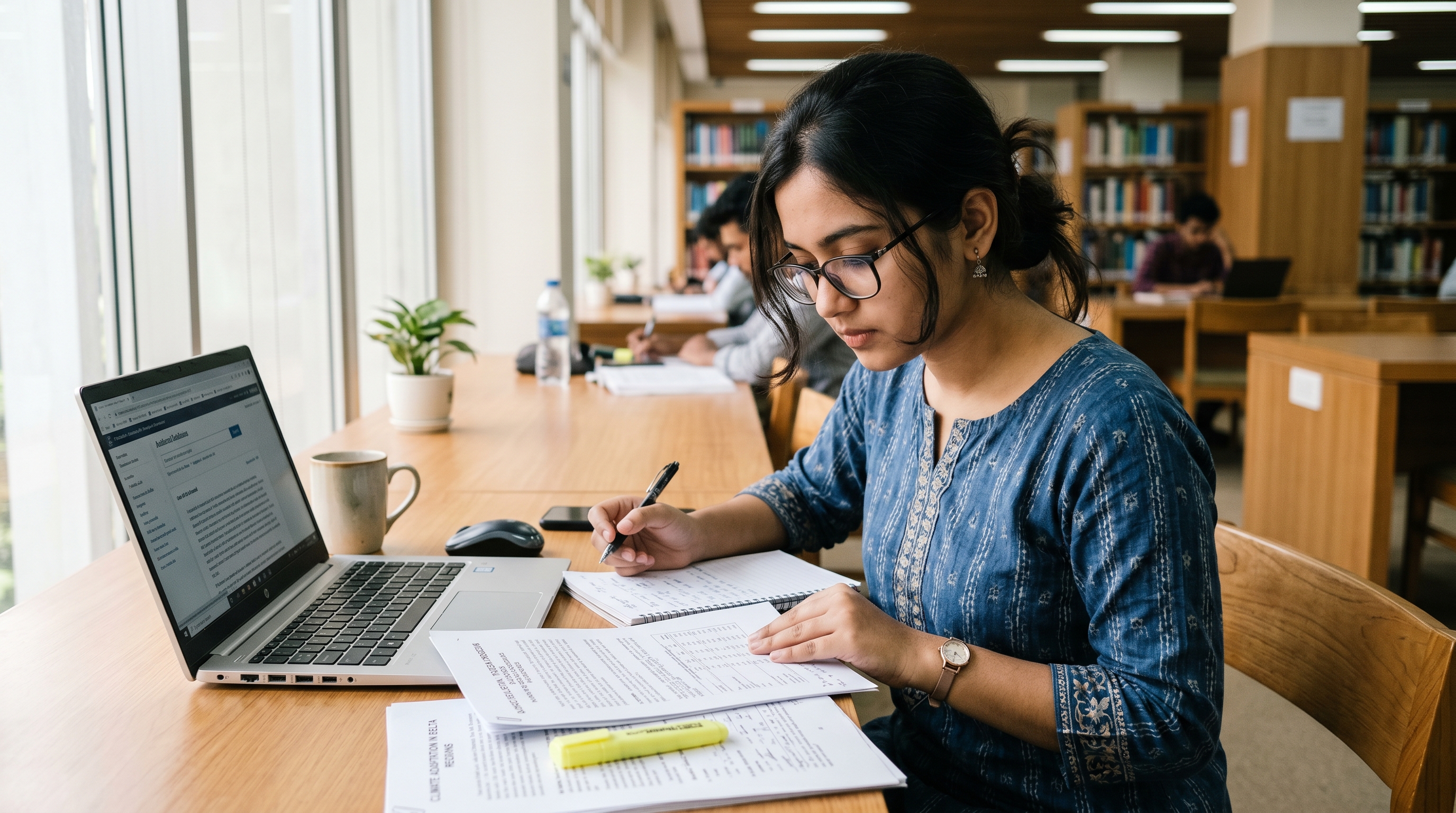 University student reviewing research papers and planning a first academic study